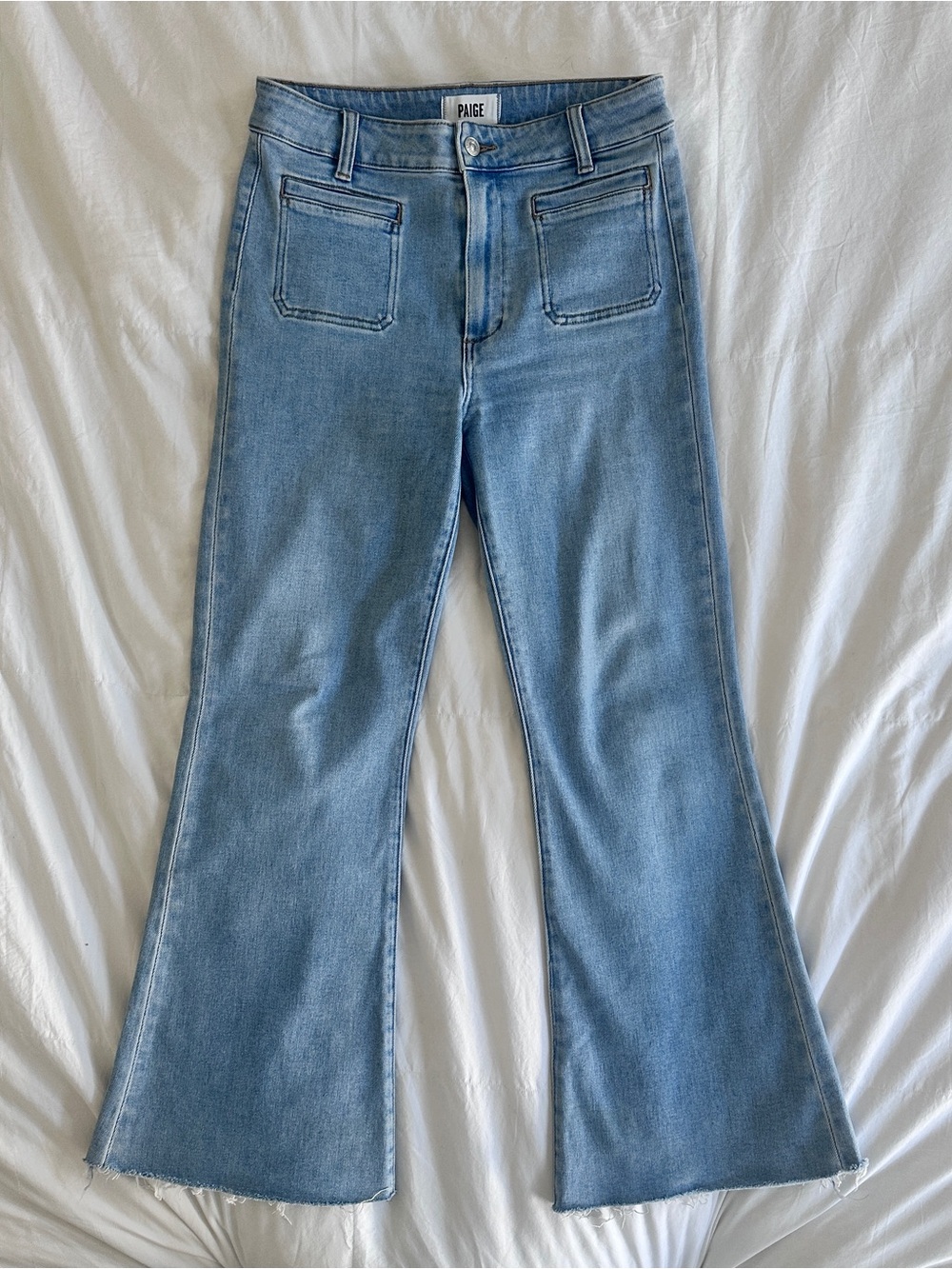 PAIGE Petite Marlow Skimmer Light Blue Flare Jeans with Raw Edge Hem